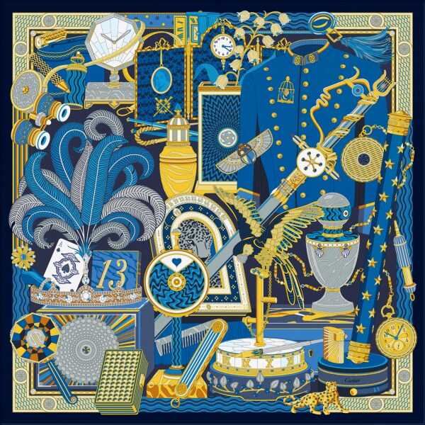 Pañuelo cuadrado 90 Archivos Cartier Twill de seda azul marino y amarillo